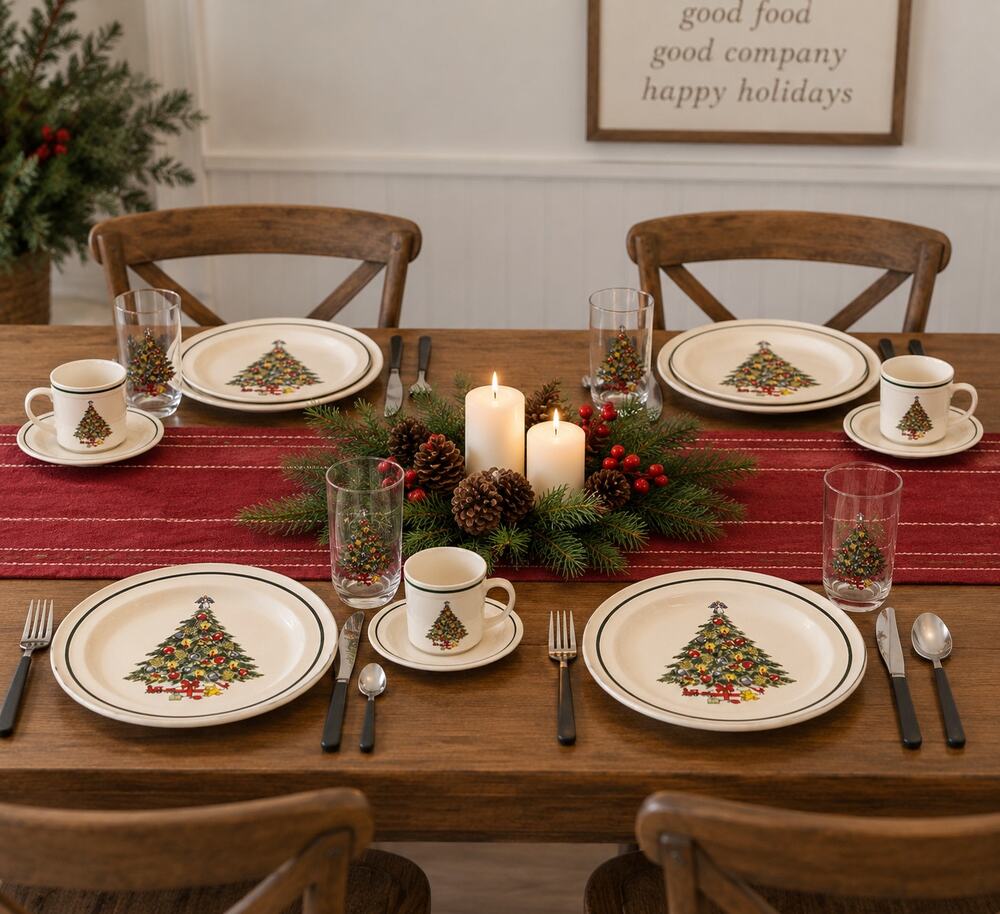 Alco Vintage Christmas Tree 28 Pc Dinnerware Holiday Tableware Set New in Box
